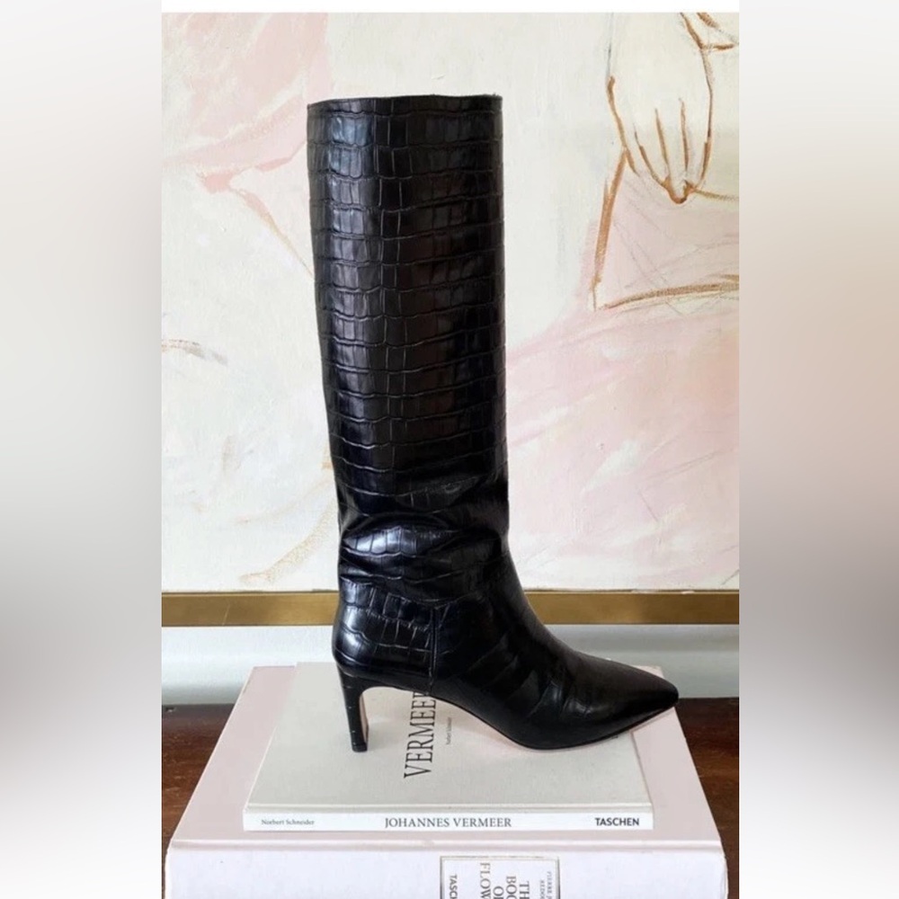 Emerson Fry Lou Walk boots Black Croc-Embossed Heeled Boots new in box.